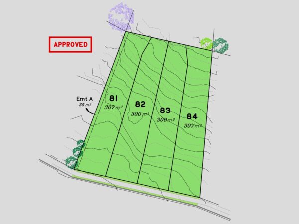 Approved lot layout (4 street-fronting lots, 300-307m²)