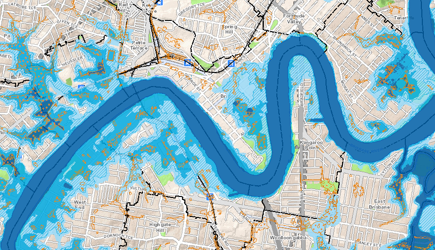 Extract of Brisbane City Council flood awareness map—CBD and inner suburbs.