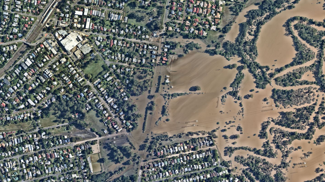 Nearmap aerial imagery—flooding in Oxley Creek.