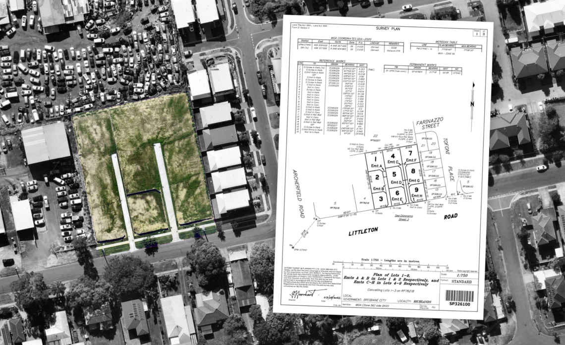 Montage: aerial image of completed subdivision site and image of Survey Plan