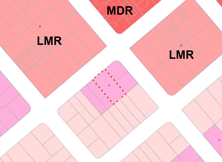 Excerpt of zoning map showing subject site and nearby higher density residential zones.